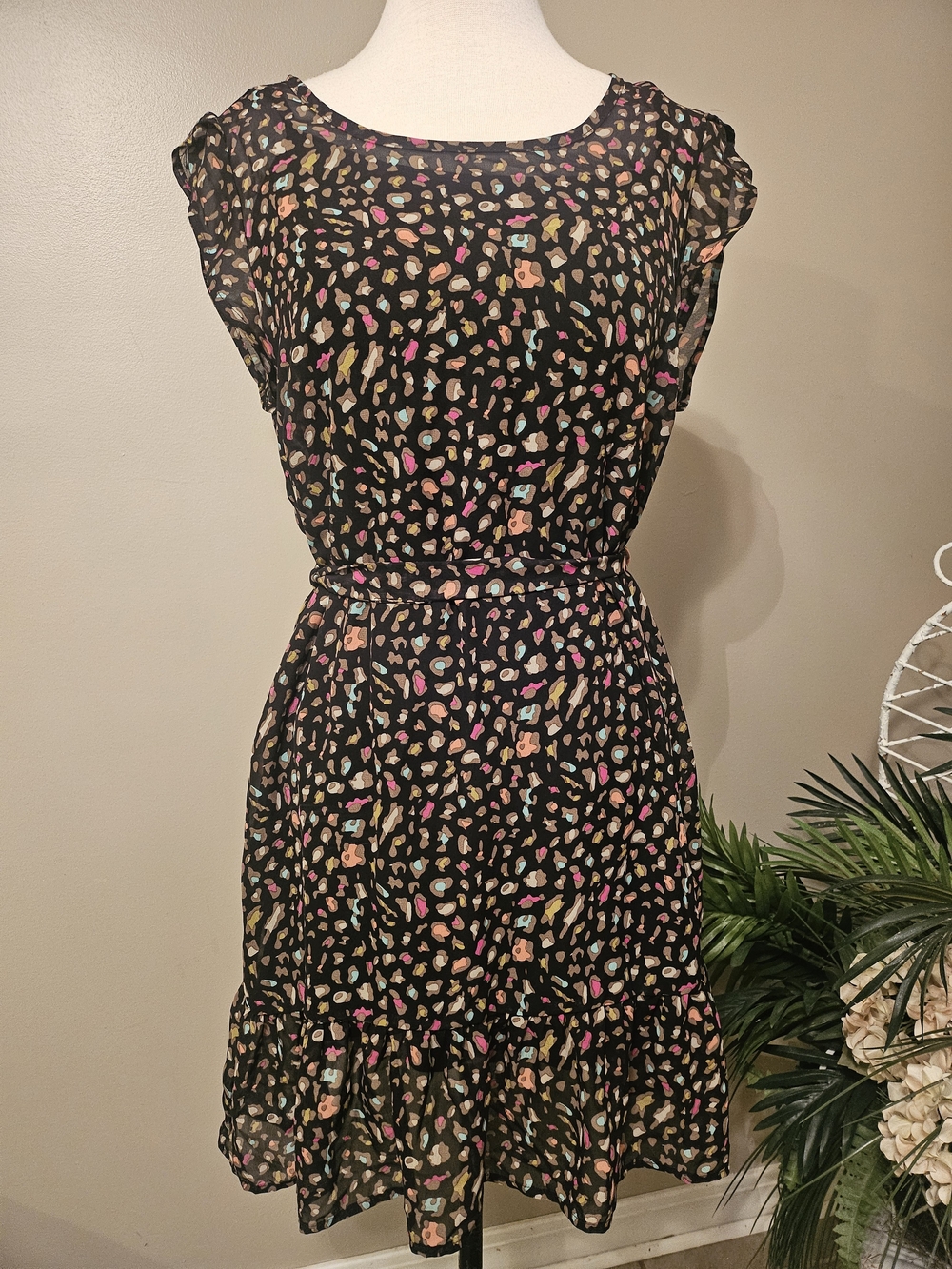 just ginger Black Midi Dress with Pink, Yellow & Mint Spot Print